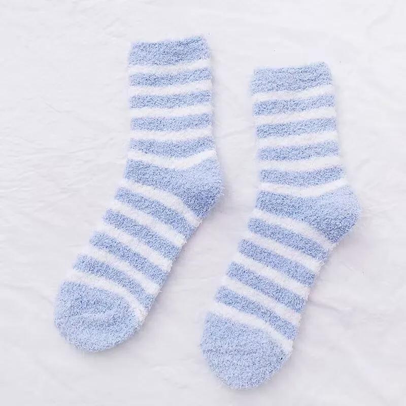 1 Pair Women's Autumn and Winter Striped Coral Fleece Sleep Socks Thickened Warm Mid-Calf Home Socks Simple Floor Socks