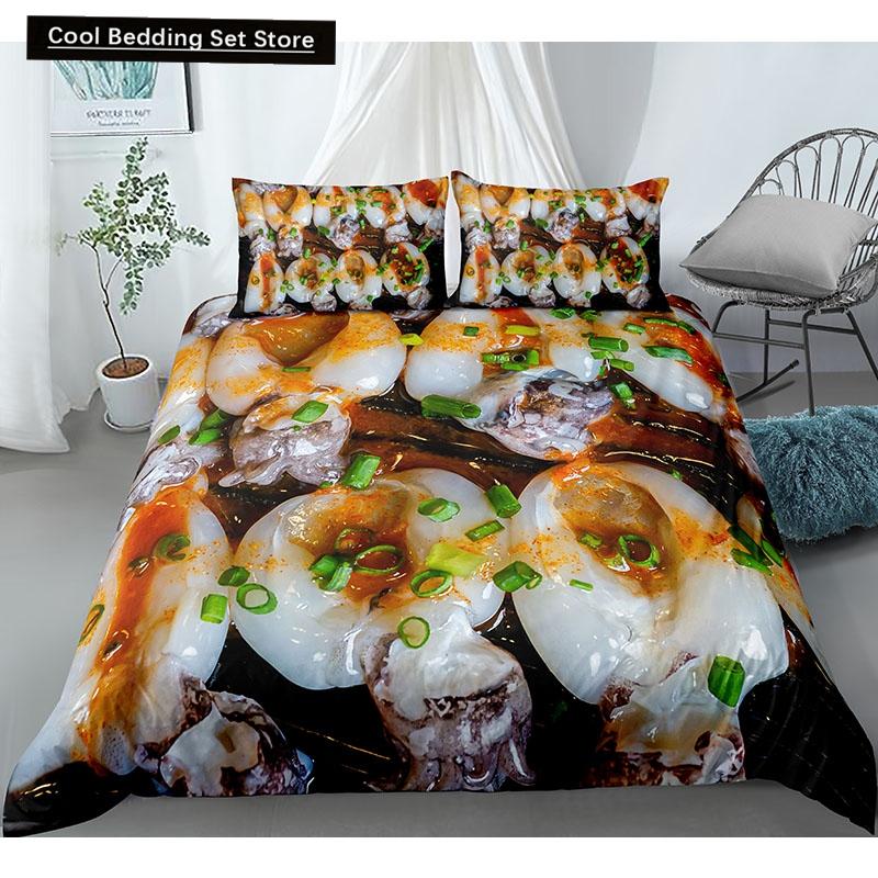 Essen Rindfleisch Bettwäsche Set 3D Frisches Fleisch Bettbezug King/Queen Größe Köstliche Meeresfrüchte Sashimi Hähnchenschenkel Steak Realistischer Bettdeckenbezug