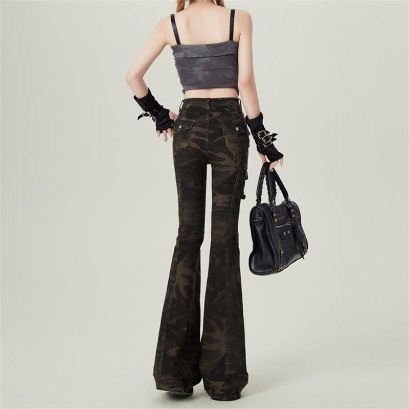 Vintage Camouflage Work Micro Flare Jeans Women Design High Waisted Trousers Slim Drapey Dragging Trousers Jeans for Women Long Denim Pants