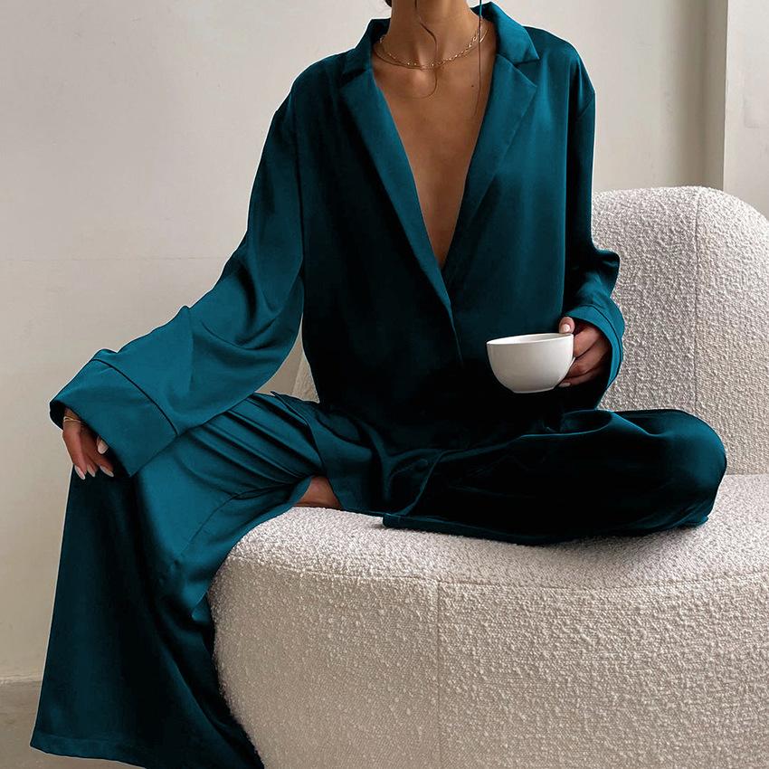 Women's Satin Silk Sleepwear Low Cut Sexy Home Clothes Pajamas Single Breasted Long Sleeves Wide Leg Pants Trouser Set