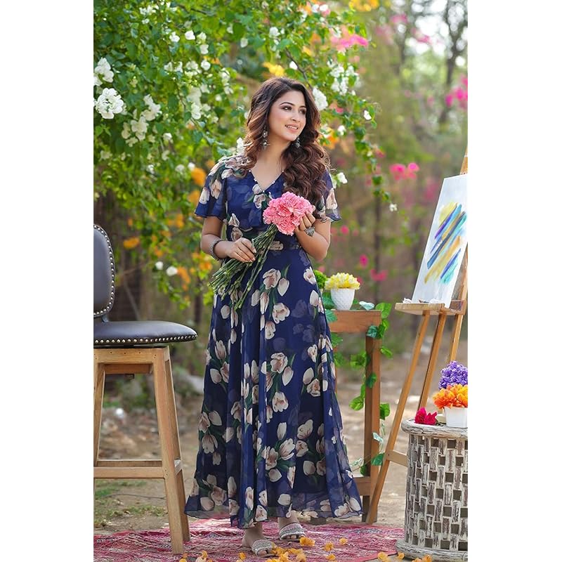 Shasmi Women s Georgette Digital Floral Printed Gown Dress for Women (Gown Dress 35) (Large, N Blue) 3XL синий