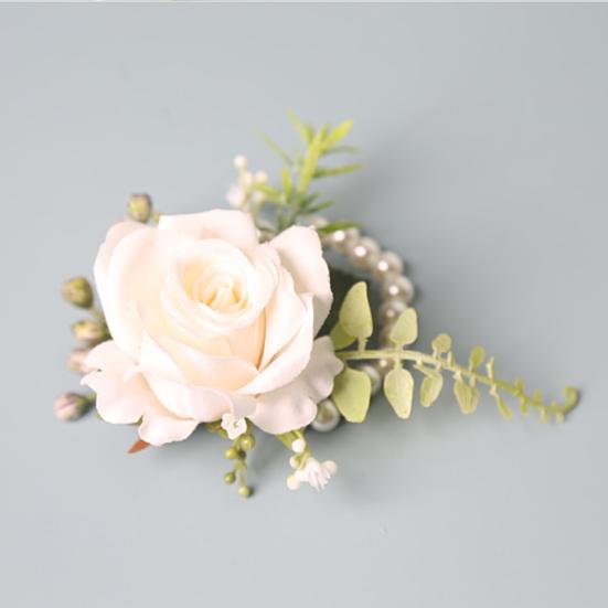 White Rose Boutonniere And Wrist Corsage Set European Rustic Silk Flower for Bride Bridesmaid Groom Groomsman Wedding Party Decor