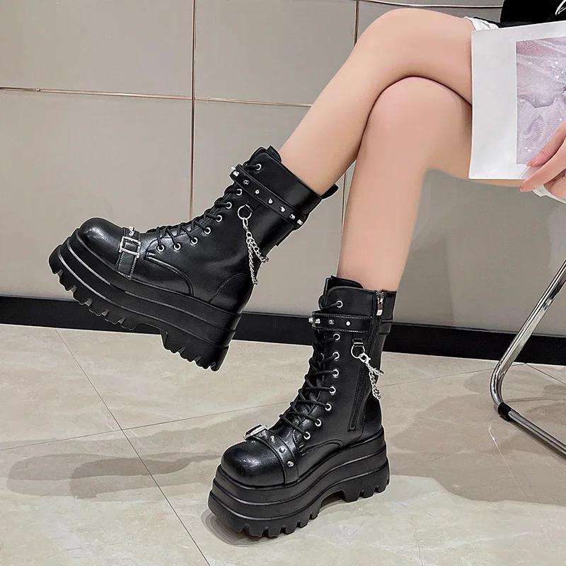 Fashion Platform Thick Gothic Boots Lady Buckle Autumn Women Wedges Knee High Booties Punk Street Cosplay Botas Motorcycle Chain Shoes