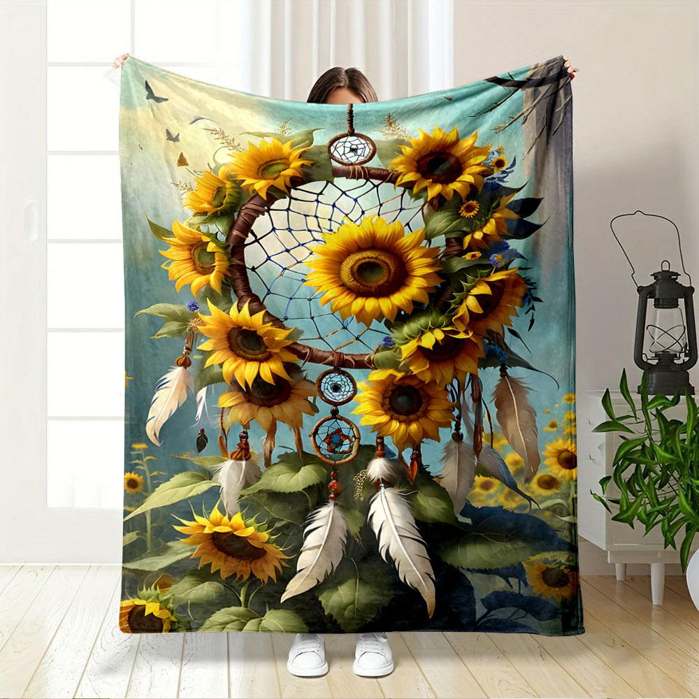 A Sunflower-adorned Dreamcatcher with Feathers and Vibrant Background. for All Seasons Blanket Lunch Break Throw Gift