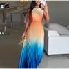 Elegant Gradient Color Pleated Long Dress Fashionable Women's Sleeveless Gown Neck Hanging Design Classy Trendy New 2025