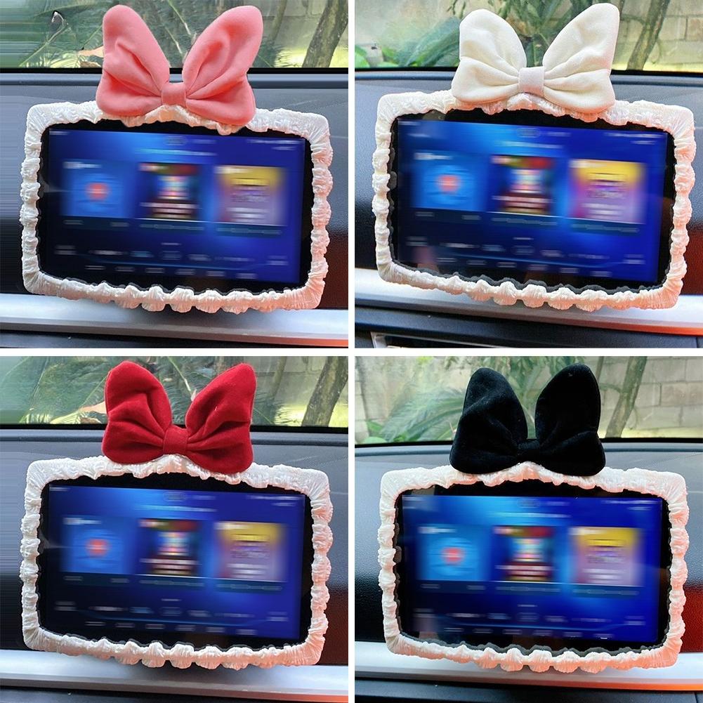 Universal Retro Bow Car Screen Protector Cover Stretch Soft Plush Dashboard Border Touchscreen Protection Set Interior Decor