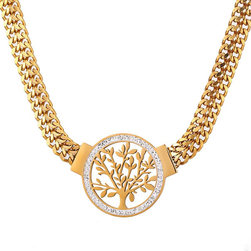

316L Stainless Steel Thick Chain With Micro Inlaid Zircon Life Tree Pendant Hip-hop Women s Necklace золотой