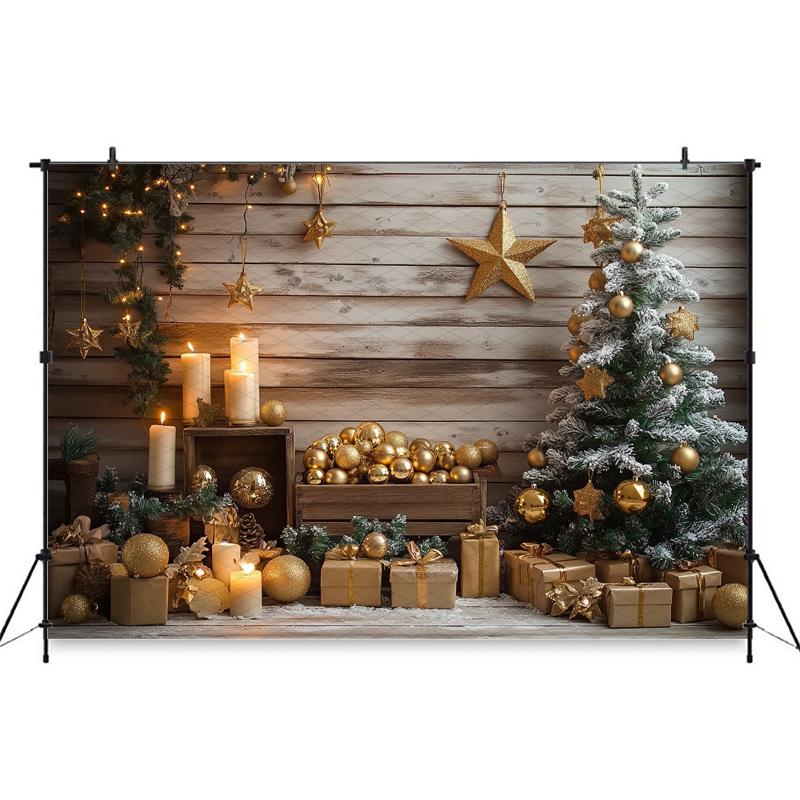 Christmas Tree Backdrop Photography Baby Shooting Props Golden Ball Star Gifts Candle Wood Wall Background Decorations Photozone