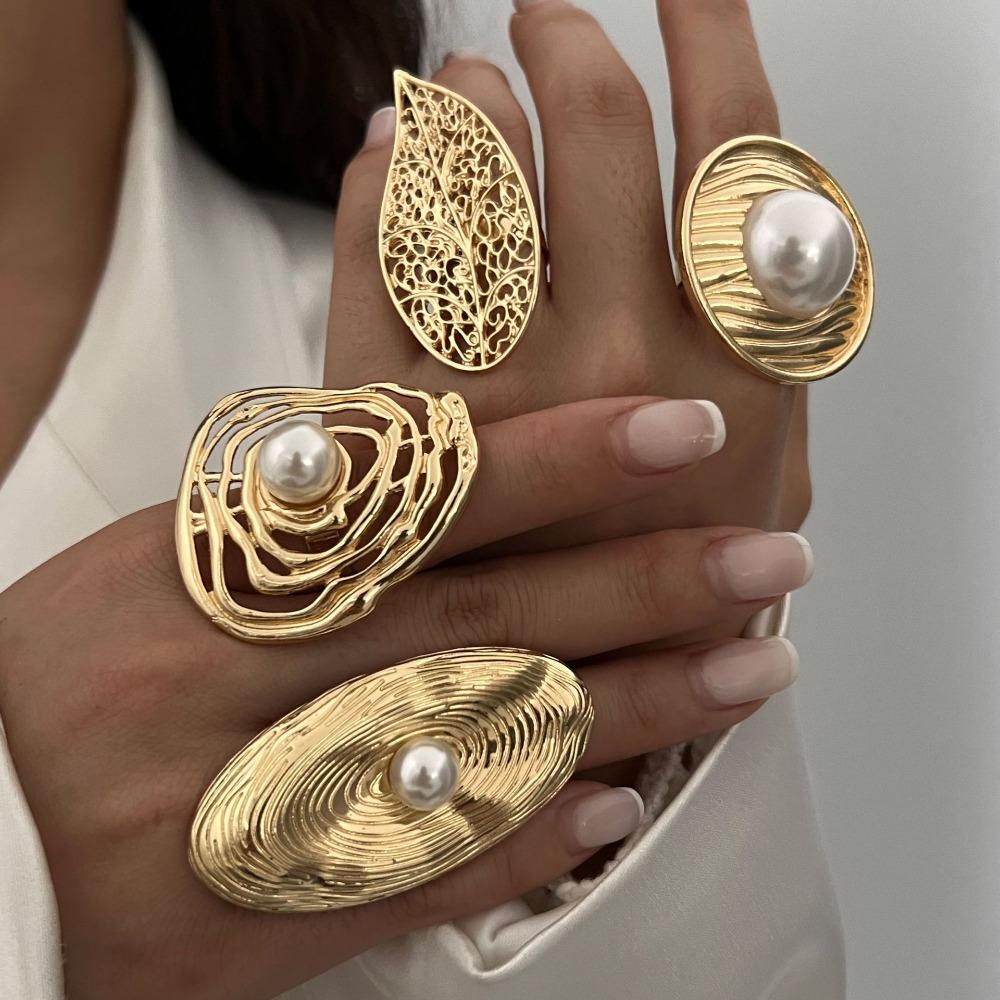 Exaggerated Alloy Ring—Customized French Sweet & Cool Lines Open Ring, Elegant & Versatile for Women, Daily & Party Fashion Accessory