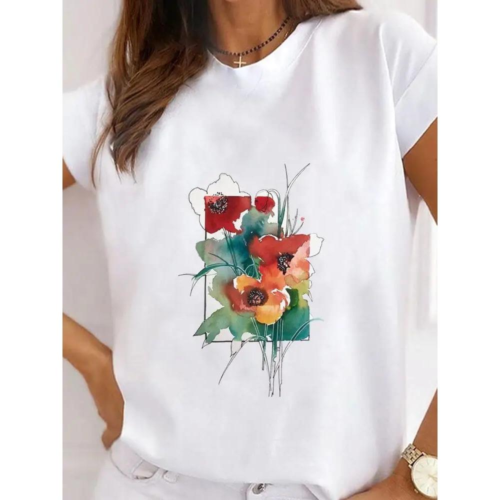 Summer Round Neck Love Flower Butterfly and Bee Pattern 3D Print Top Fashionable Casual Short Sleeved Women's T-shirts
