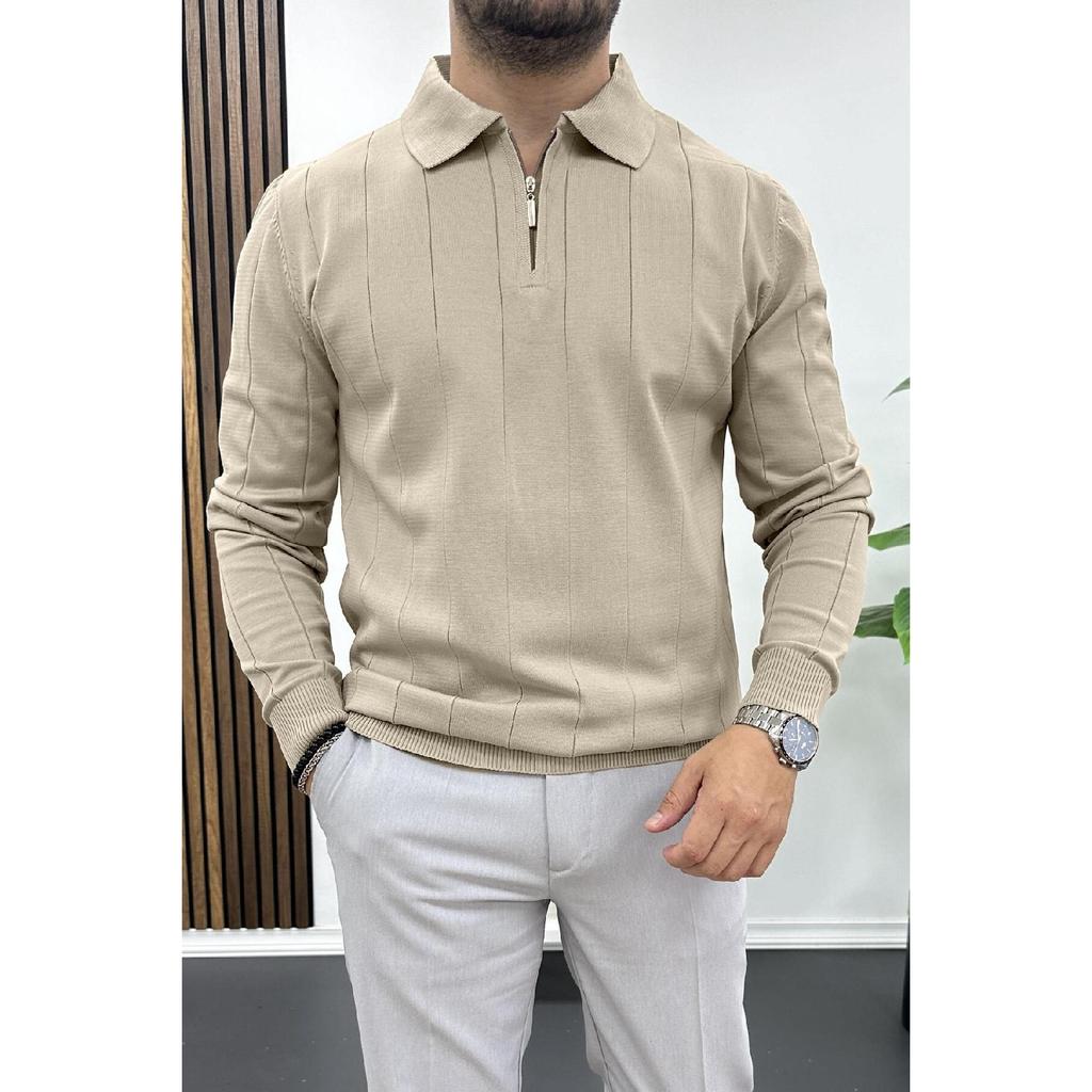 Men's Half Zipper Polo Neck Seasonal Sweater Navy Blue Edw195