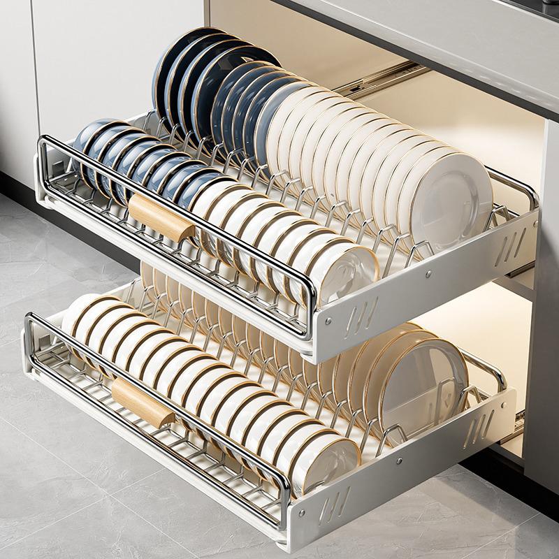 Pull-out Dish Rack With Wooden Handle And Drain Tray Spice Box Storage Rack Cabinets Organizer Kitchen Storage Rack