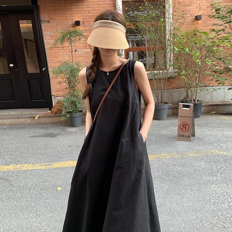 French temperament sleeveless cotton and linen dress women's summer new design back hollow round neck vest skirt