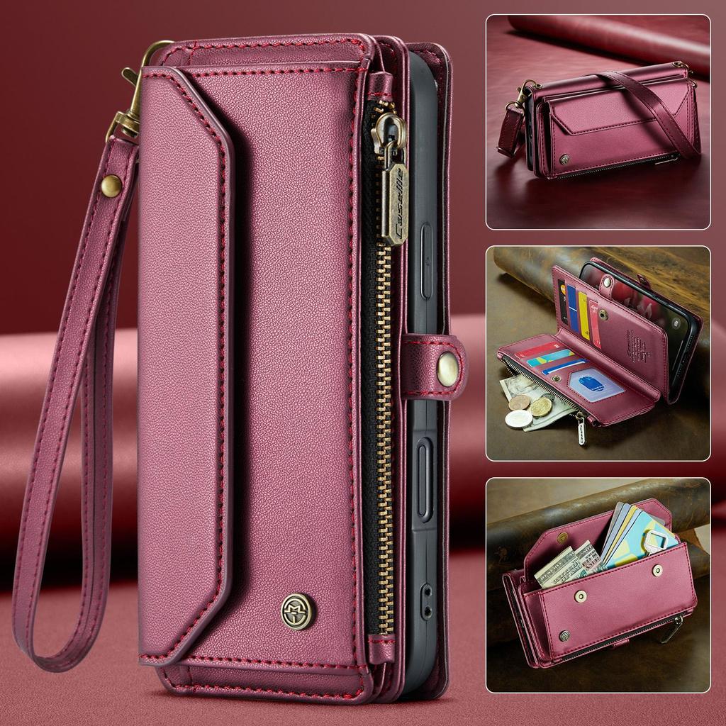 CaseMe (C36) Crossbody Wallet Case For iPhone 13 14 15 16 Pro Max Zipper Wrise Multi-functional Flip PU Leather Card Slots Holder Cover Protector