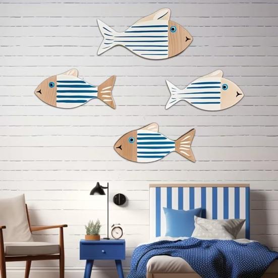 4 Pcs Rustic Wood Fish Wall Art Beach Nautical Wall Hanging Decor Ocean Coastal Theme Fish Wall Sculpture for Home Bathroom Bedroom Lake House