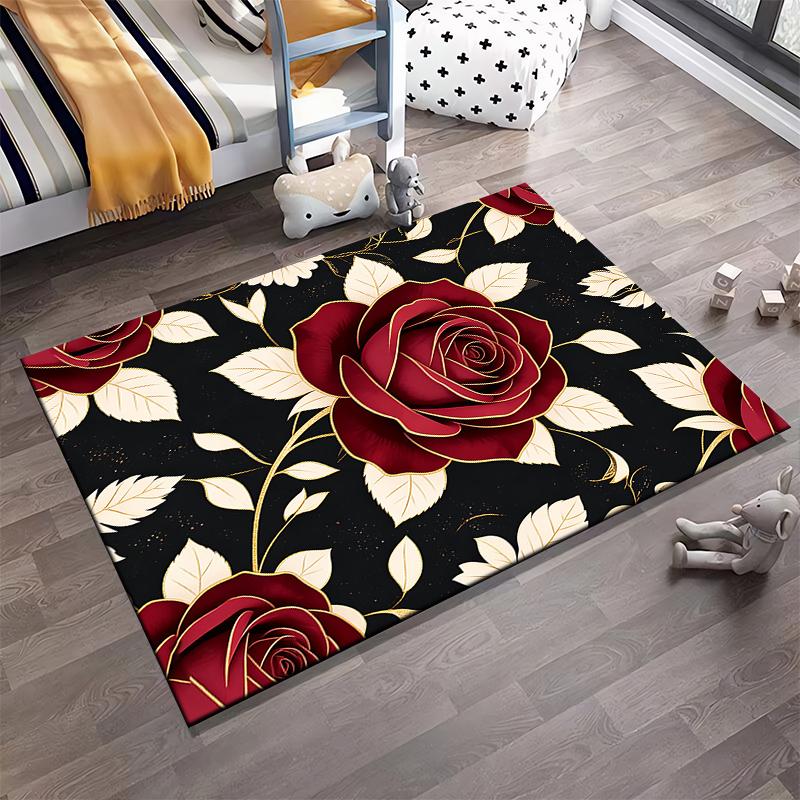 Large Red Roses Pattern Carpet with Black Background and Gold Accents Suitable for use as an anti-slip for living room bedroom sofas