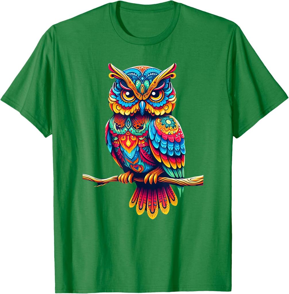 Colorful Psychedelic Owl Perched on Branch Graphic T-Shirt Casual Cotton Tee for Men