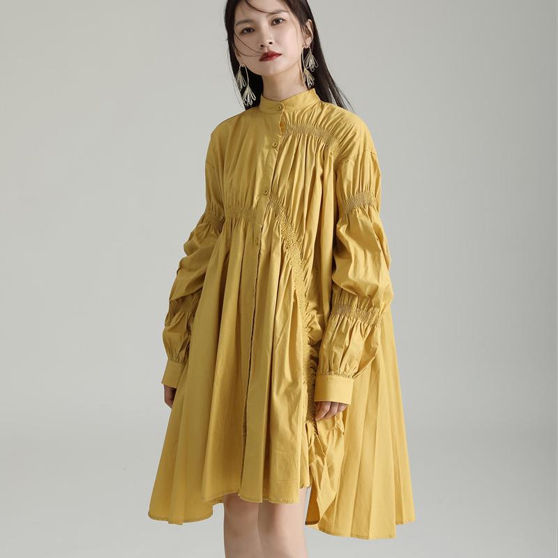 Johnature Summer Shirt Dresses Fashionable Loose Irregular Shirred Balloon Sleeve Large Swing 6 Colors All Match Dress