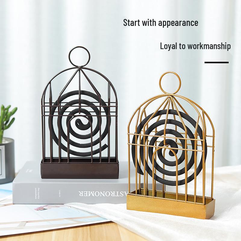 Gold Wrought Iron Hanging Birdcage Mosquito Coil Holder & Ashtray