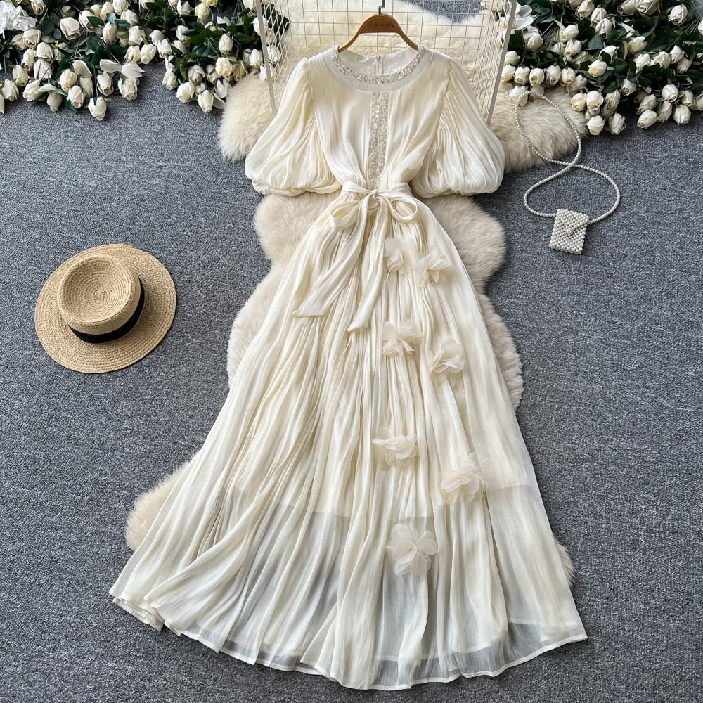 French Heavy Industry Diamond-encrusted Red Pleated Dress for Women's Summer Waist and Thin Temperament Thousand Gold Style Long Dress