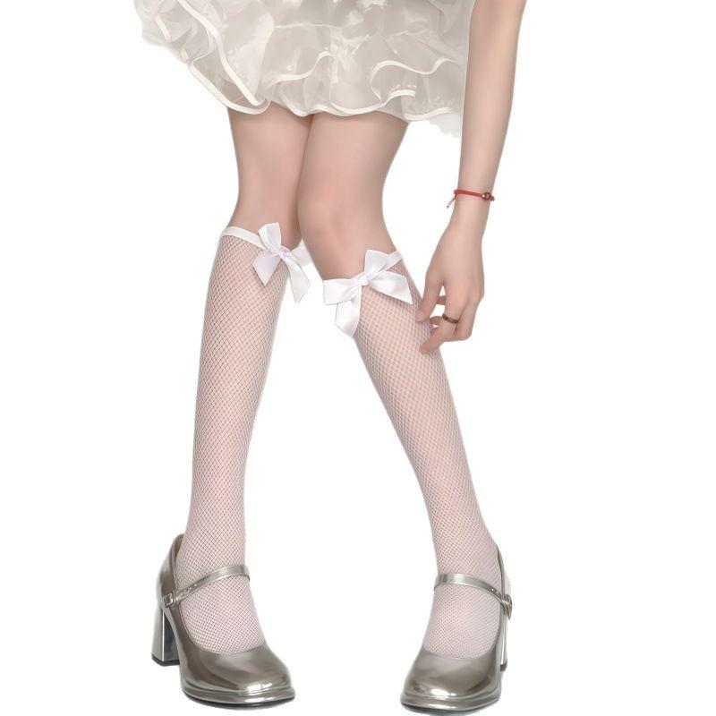 White Bow Tube Socks, Fishing Net Solid Color Fresh And Sweet Girl Heart Calf Socks, Lolita Short Skirt Stockings