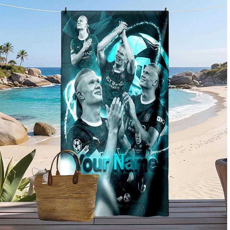 Asciugamano da Spiaggia Personalizzato Stampato Erling Haaland Logo Calcio Supporto Nome Personalizzato Testo Asciugamano Assorbente Per Sport Viaggio Regalo Speciale