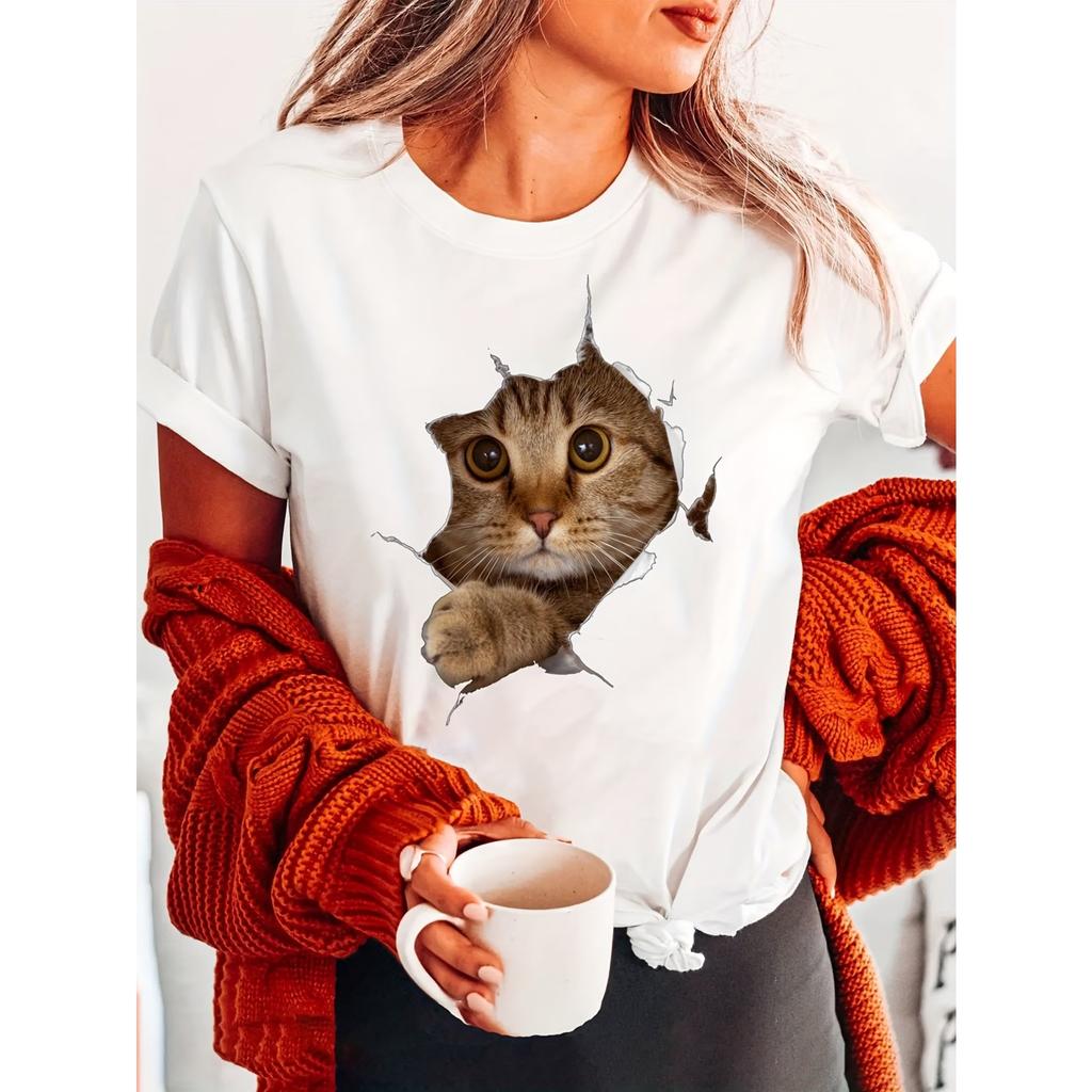 Women's Cat Print Crew Neck T-shirt - Short Sleeve Casual Top for Summer & Spring Clothing