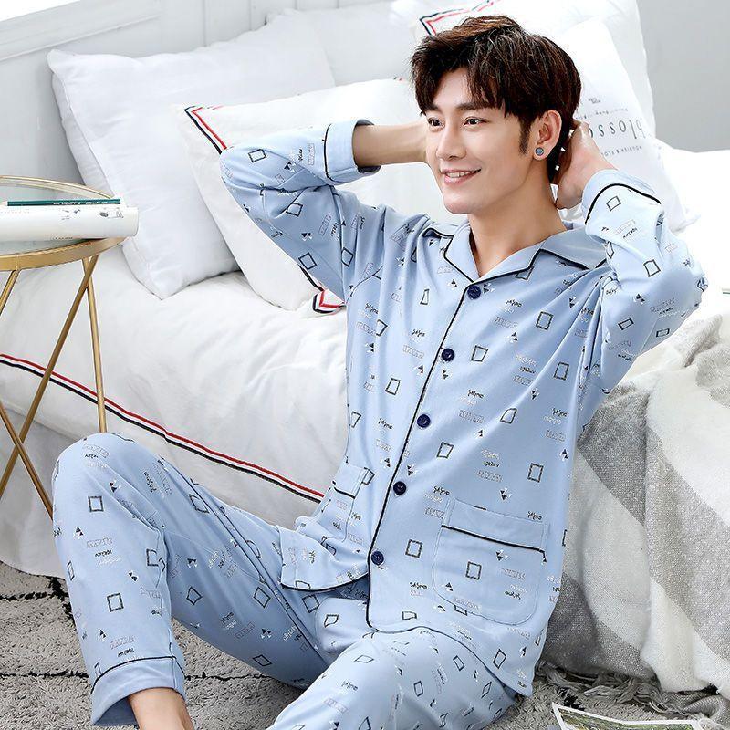 Men's 100% Cotton Long-Sleeve Pajama Set, Plus Size, Cardigan Style for Spring, Autumn, and Summer.