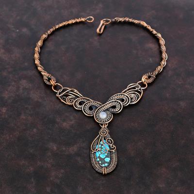Collana di Turchese Tibetano Collana Avvolta in Filo di Rame Gioielli Fatti a Mano con Pietre Dure Collana di Pietra di Luna Arcobaleno Regalo per la Mamma Gioielli Wire Wrap