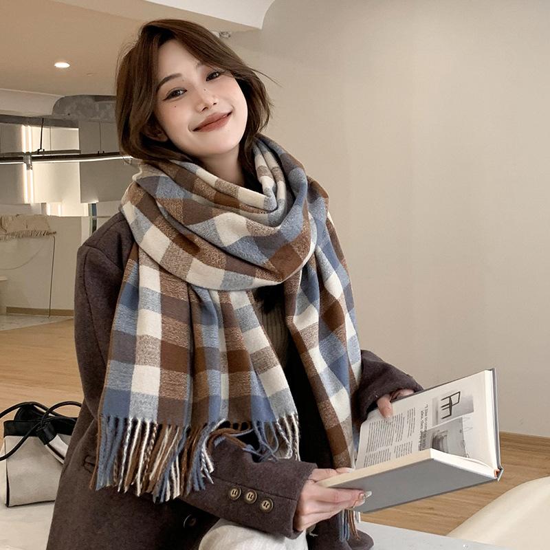 New Style Cashmere Imitation Japanese Small Lattice Scarf In Winter WomenS Medium Long Thickened Leisure Warm Keeping Scarf