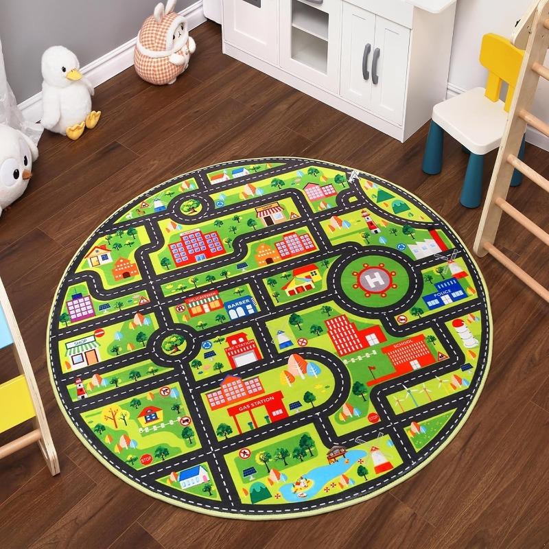 Traffic Road Kids Play Round Rug Educational Theme Children's Crawling Floormat Absorbent Anti-Slip Soft Home Decor Carpet