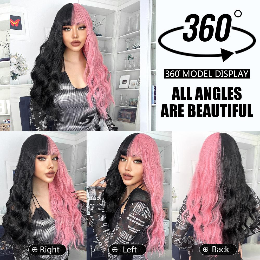 Long Wavy Black And Pink Synthetic Wig for Women With Bangs Natural Heat Resistant Part Cosplay Party Lolita Daily  Hair Wigs