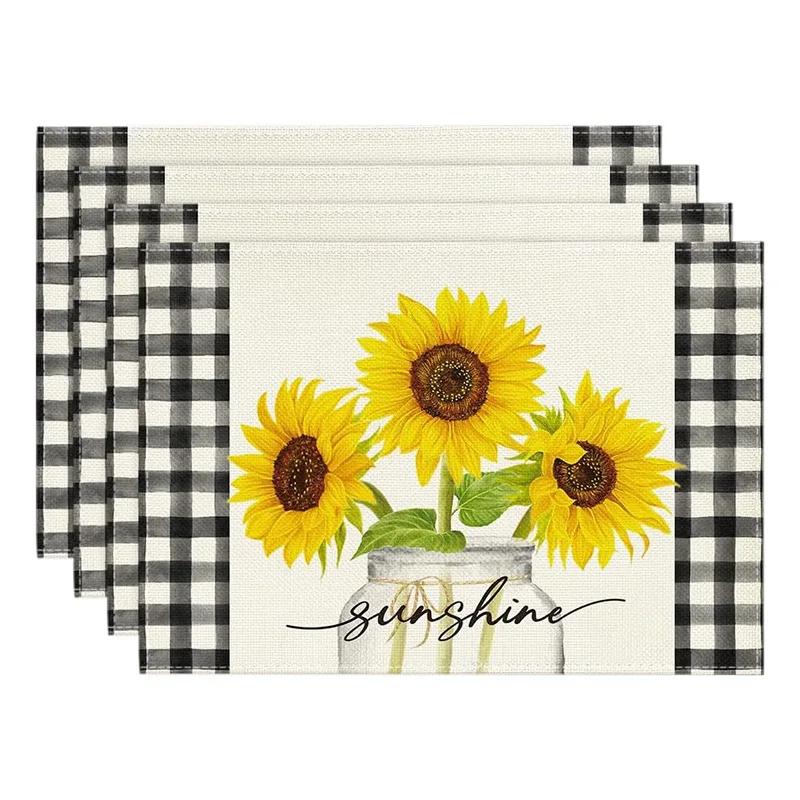Linen Meal Mat for Spring and Summer, Sunflower Flowers Kitchen Decoration, Dining Table Insulation and Anti Fouling Mat