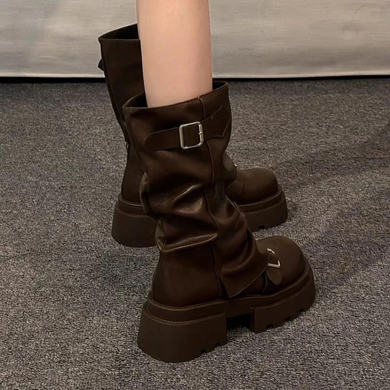 Fashion Women Western Cowgirl Booties Fashion Slip On Mid Calf Booties Retro Style Thick Heel Autumn Female Shoes 2025