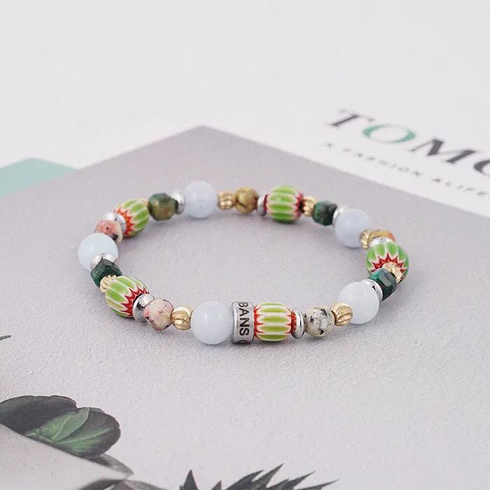 Gold Brass Point Aqua Ethnic Glass Mix Gemstone Bracelet (C2501AC1244_GN)