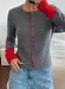 Women's contrasting cuff knitted cardigan crew neck single-breasted slim-fit knitted top autumn and winter casual cardigan sweater