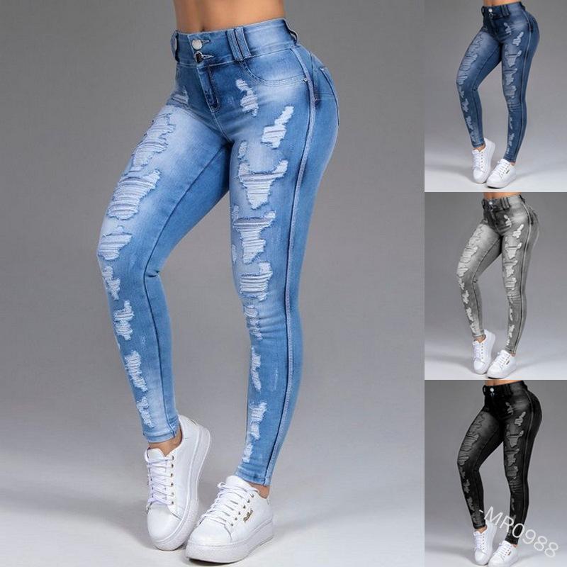Women's High Waist Ripped Skinny Jeans Stretch Washed Denim Pants Slim Fit Long Trousers