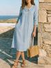 Women Style Lapel Collar Midi Dress Linen Three Quarter Sleeve A Line Vacation Dress with Pockets