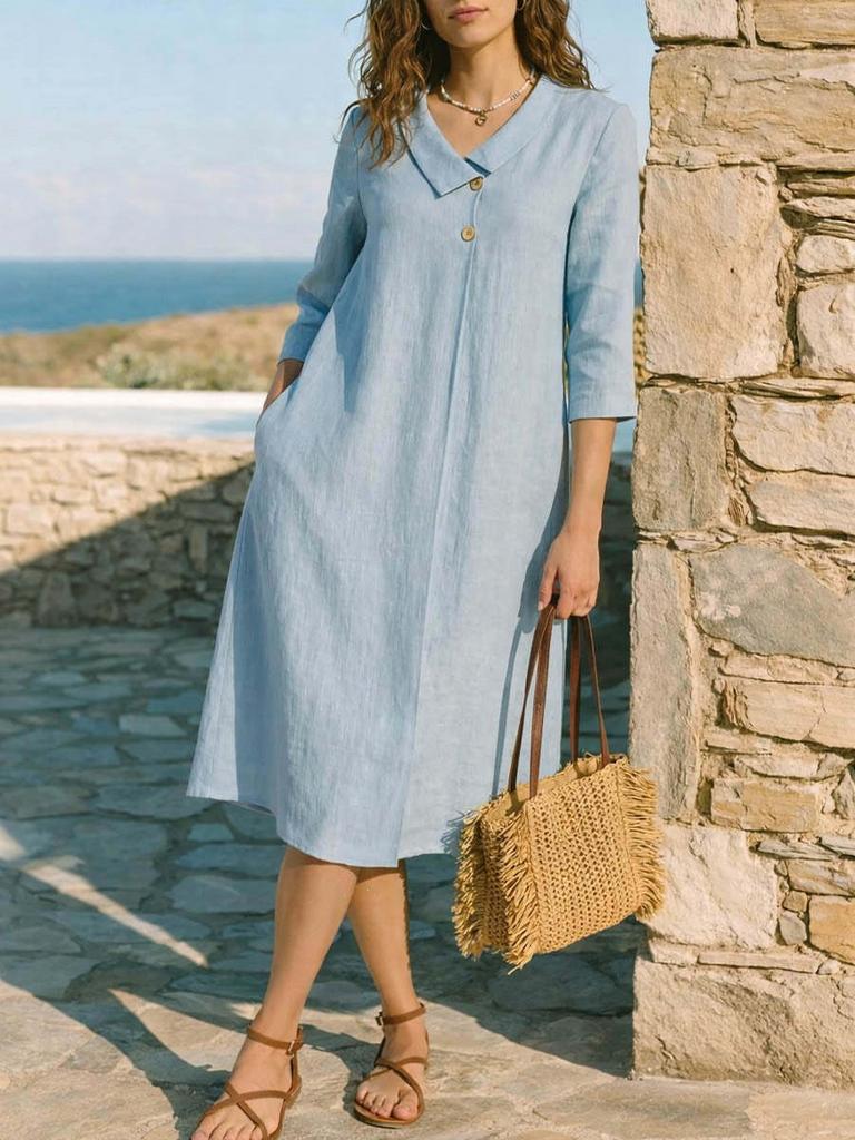 Women Style Lapel Collar Midi Dress Linen Three Quarter Sleeve A Line Vacation Dress with Pockets