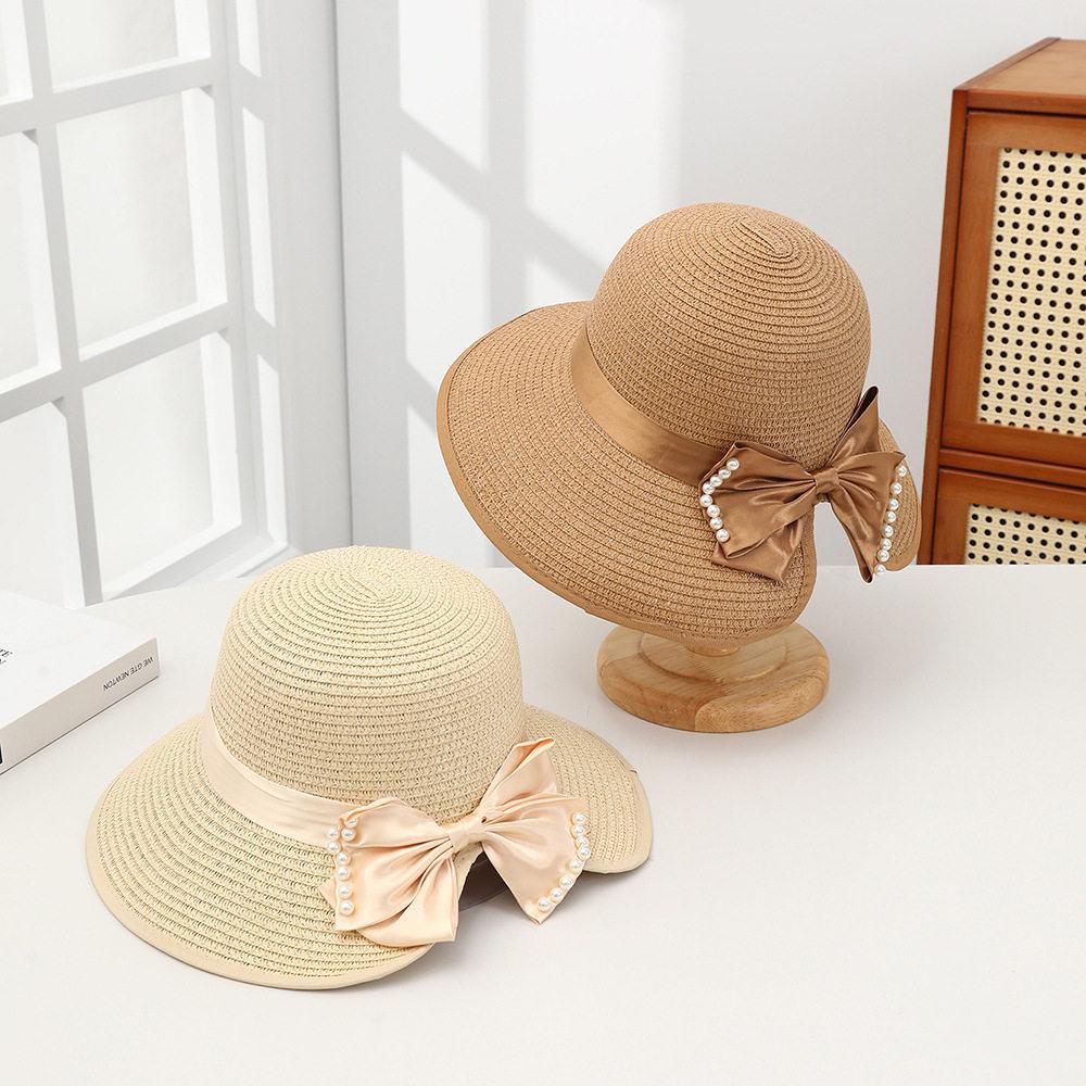 Straw Hat Female Trend Pearl Bow Straw Bucket Hat Summer Outing Beach Visor Outdoor Sun Hat