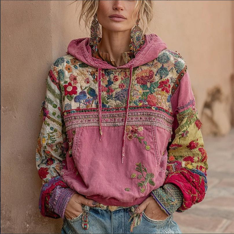Women's Hooded Long Sleeve Sweatshirt Regular Fit Vintage Style 3D Digital Printed Thick Pullover Hoodie Bohemian Winter Casual Top