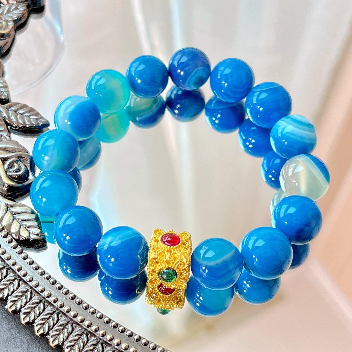 12Mm Cool Summer Natural Large Particle Blue Chalcedony Agate Bracelet