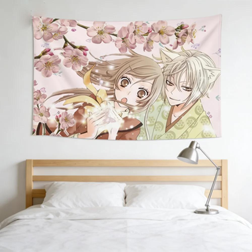 Kamisama Anime Wall Tapestry, Cute Tomoe Nanami Cherry Blossom Print Wall Hanging, Pink Aesthetic Kawaii Manga Tapestry for