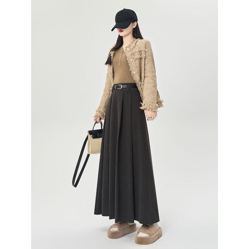 Winter Autumn High Waist Wool Pleated Skirt Women A Line Midi Skirt Solid Color Flared Skirt Slimming Long Skirt