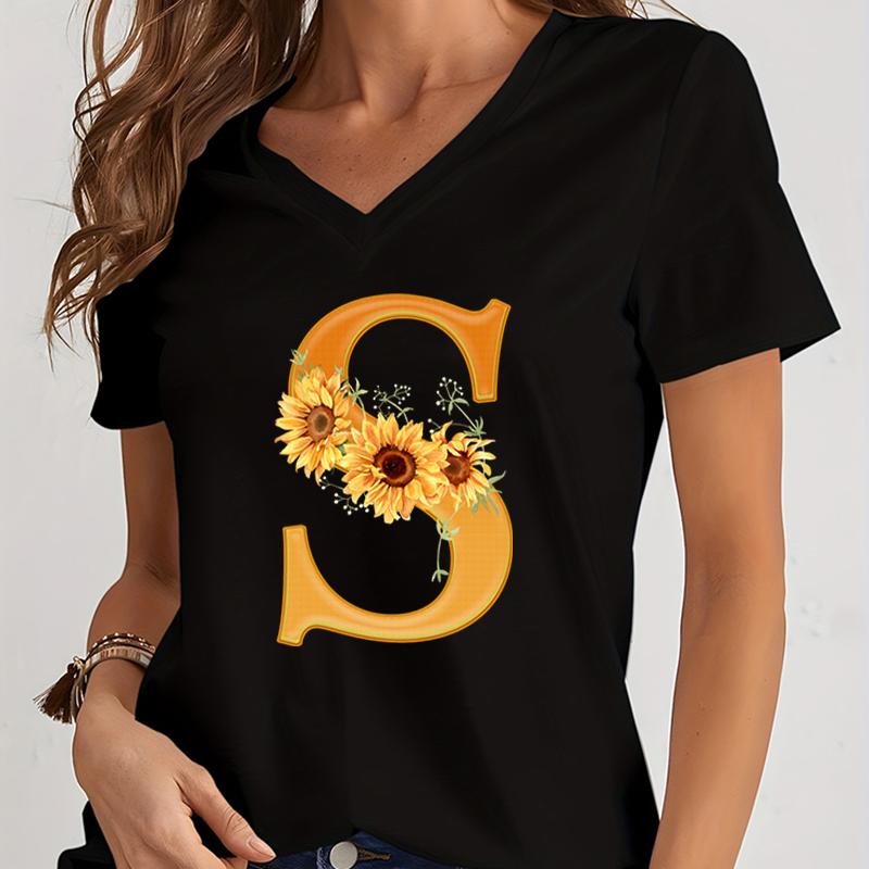 Unisexs Vneck Graphic Shirts Orange Az Alphabet Sunflowers Short Sleeves Harajuku Fashion Girl Casual Y2k Trend Tshirts Top