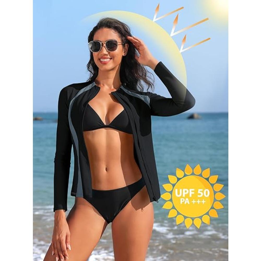CHARMLEAKS Women Zip UV Rash Vest Long Sleeve Rashguard Shirts