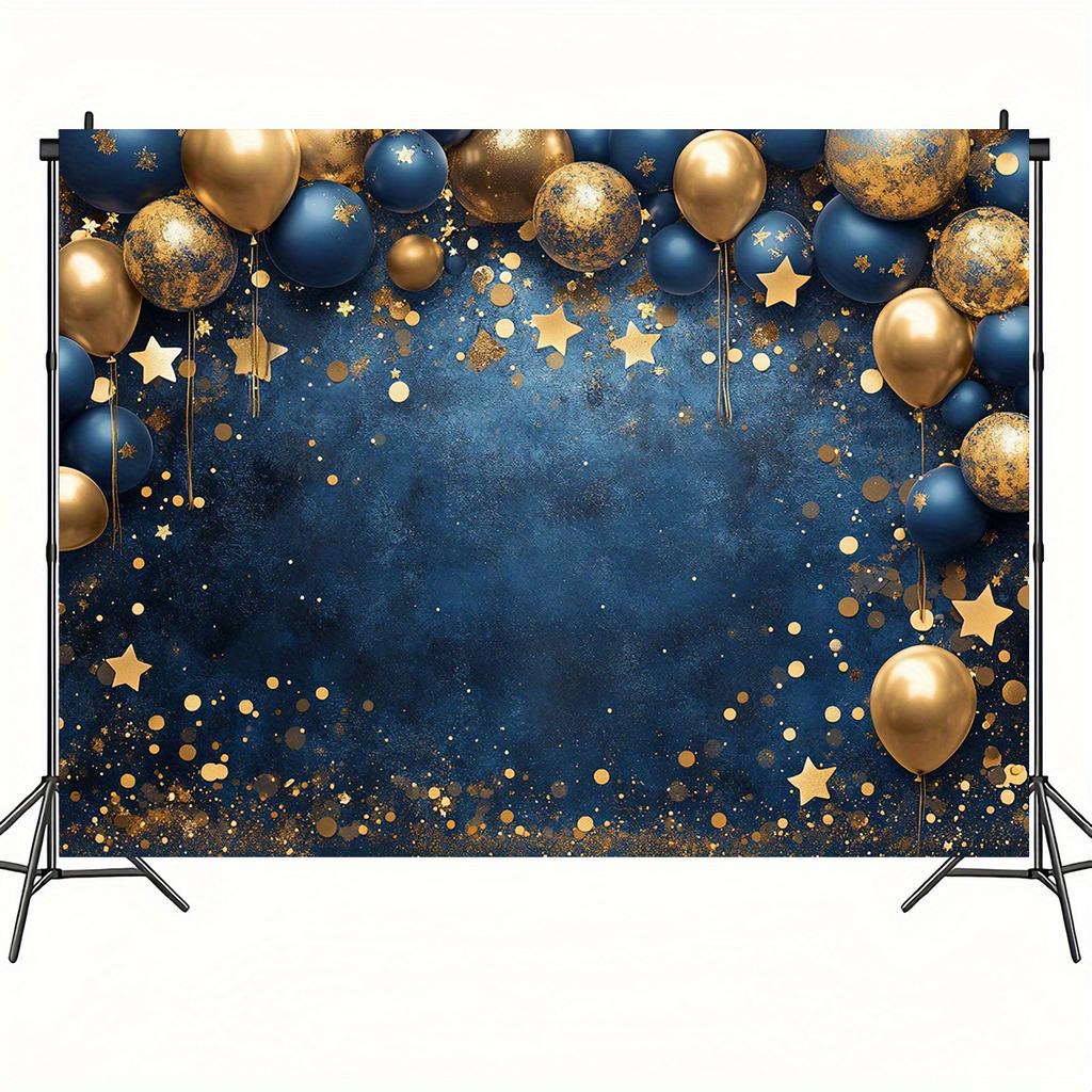 Un elegante fondo de poliéster con globos y estrellas azules y doradas, decoración multifuncional para la boda