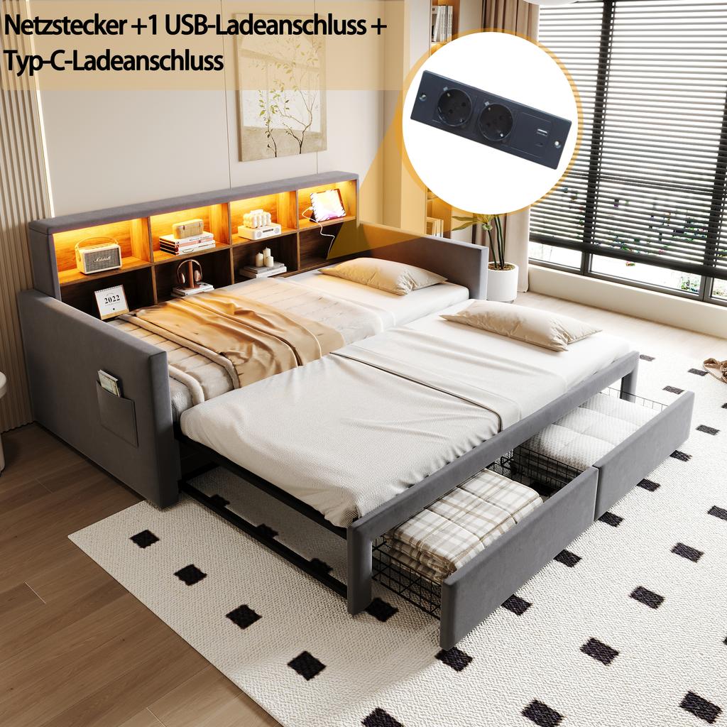 Pull-Out Upholstered Sofa Bed 90/180 X 190 Cm, Headboard with Storage, LED Strip, Charging Sockets, Two Drawers, Slatted Frame, Velvet Dark Grey