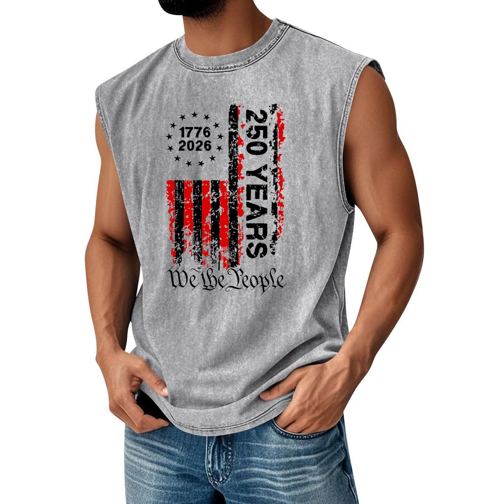 Men's Printed Round Neck Distressed Top Casual Comfort Vest