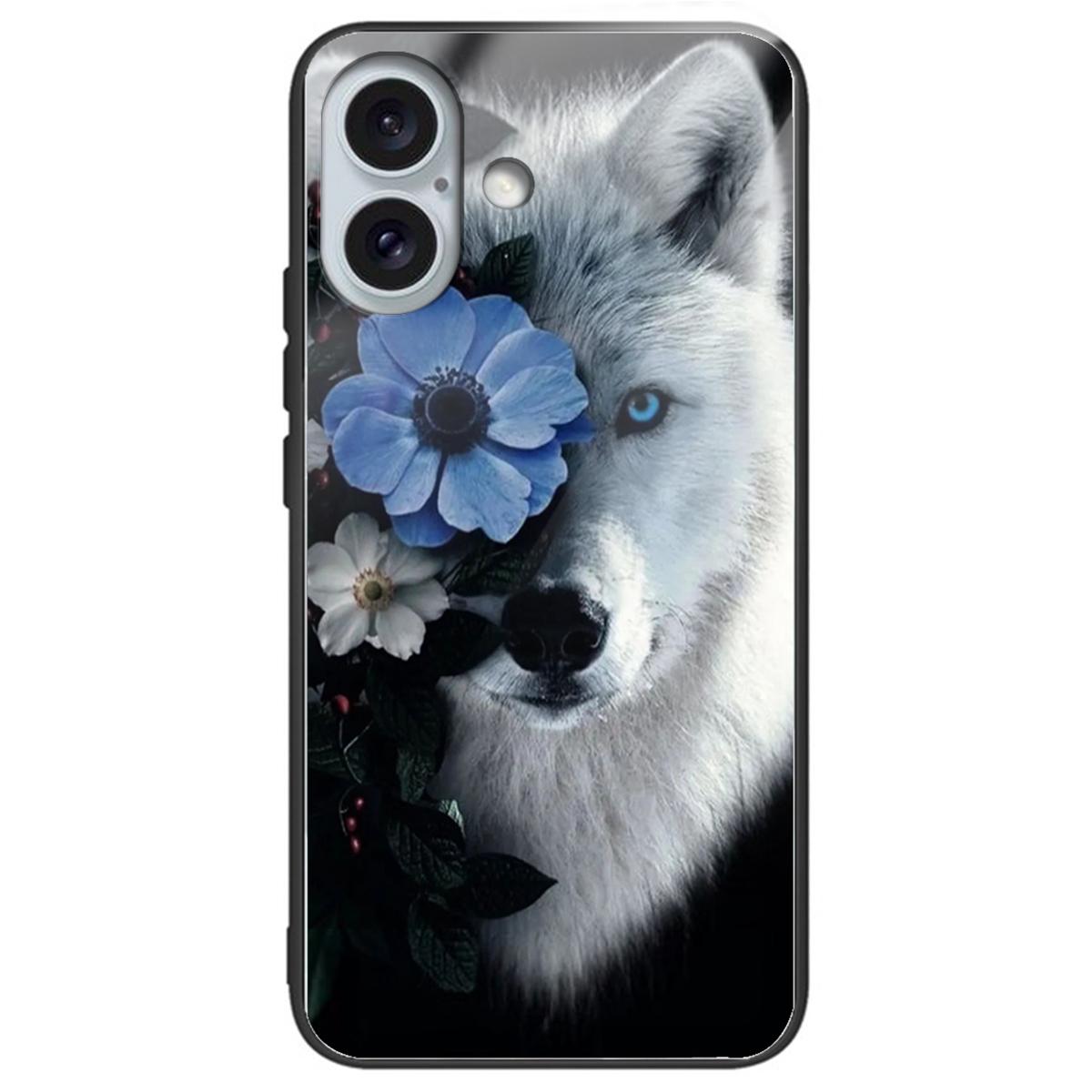 

For iPhone 16 Plus Case Pattern Printing Tempered Glass+TPU Phone Cover Wolf